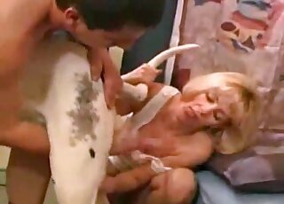 Zoophile couple makes out with a dog at home in zoo porn