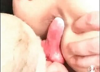 Japanese AV model enjoys being fucked by an excited dog at home